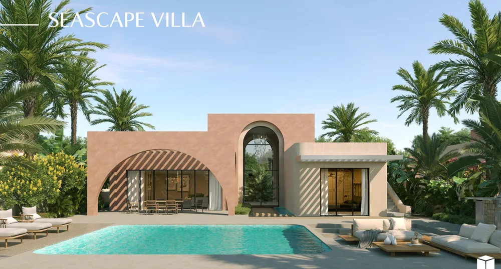 Seascape Villa render at Ogami by SODIC, with a private pool and palm gardens