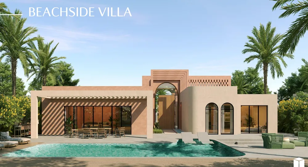 Beachside Villa render at Ogami by SODIC, with a pool terrace and arched façade