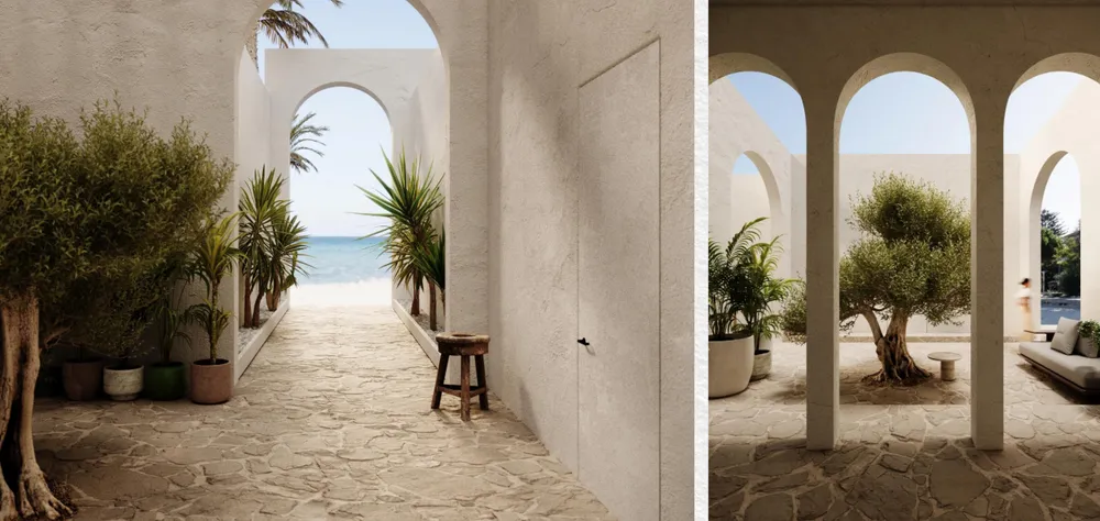 An arched beachfront walkway at Ogami by SODIC leading to the North Coast shoreline
